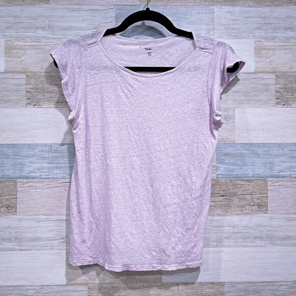 LOFT Linen Flutter Sleeve Tee Purple White Stripe Slub Knit Womens Small Petite - Picture 1 of 5